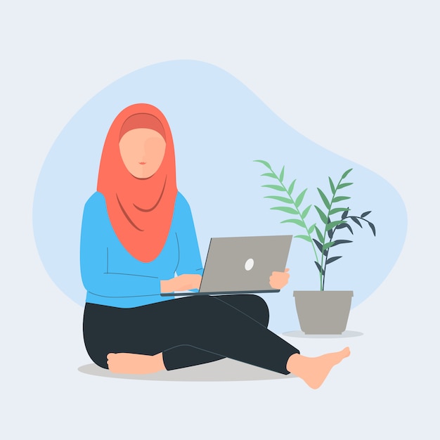 Vector mujeres con hijab sentado en el piso. trabajando en casa concepto