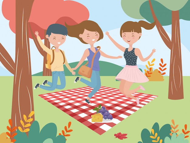 Mujeres y hombre jumpin manta frutas picnic naturaleza paisaje
