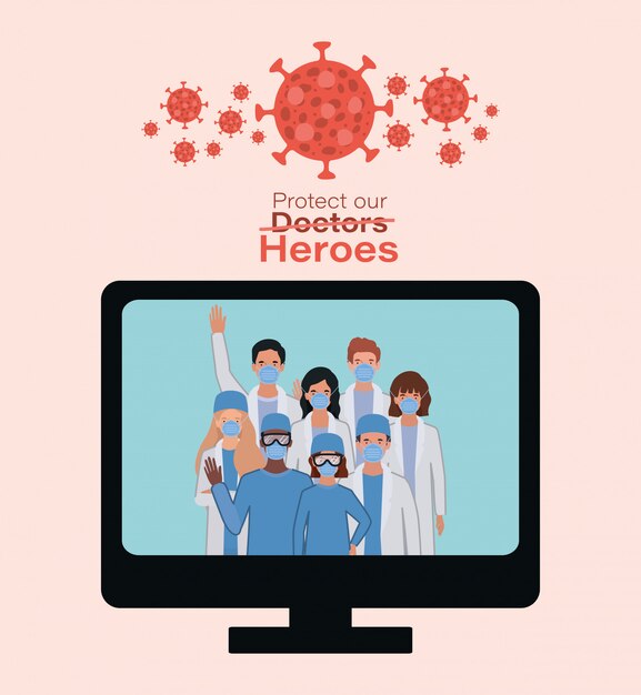 Mujeres y hombres médicos héroes con uniformes y máscaras dentro de la computadora contra el diseño del vector del virus ncov 2019