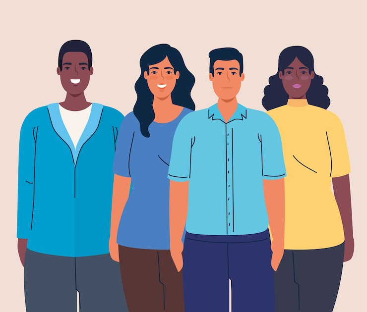 Vector mujeres y hombres multiétnicos juntos, concepto de diversidad y multiculturalismo