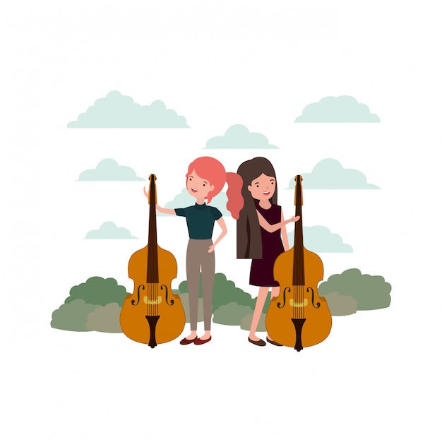 Vector mujeres con instrumentos musicales en el paisaje.