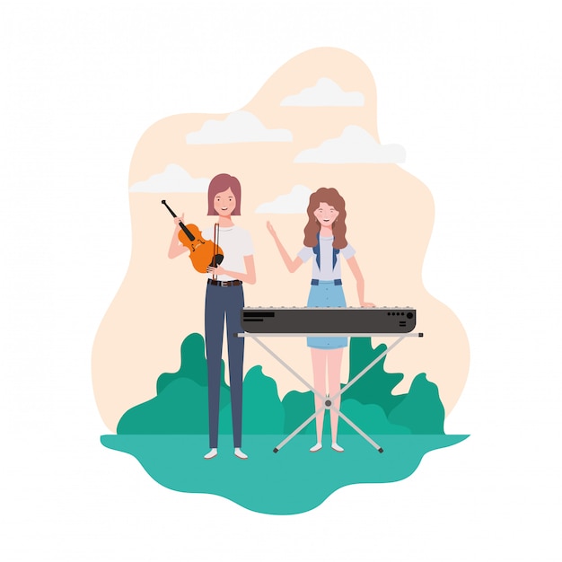 Vector mujeres con instrumentos musicales y paisaje.