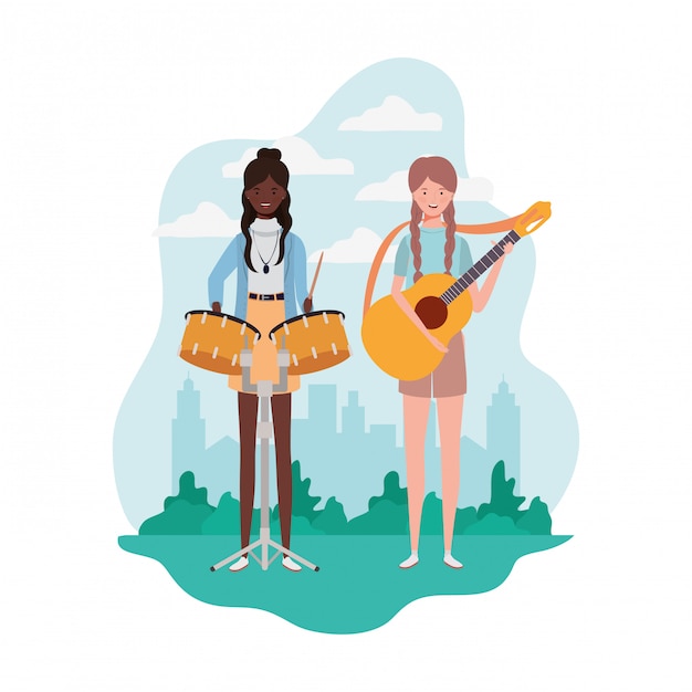 Vector mujeres con instrumentos musicales y paisaje.