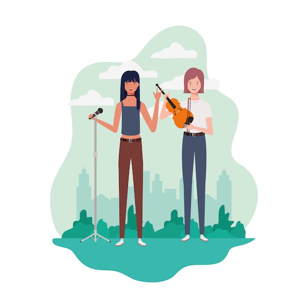 Mujeres con instrumentos musicales y paisaje.