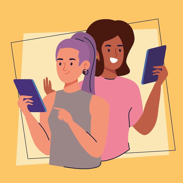 Vector mujeres interraciales con teléfonos inteligentes