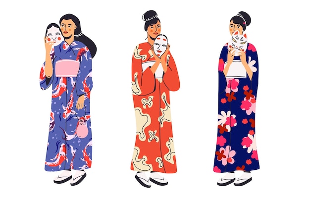 Mujeres japonesas en kimono con máscara kabuki en diseño plano