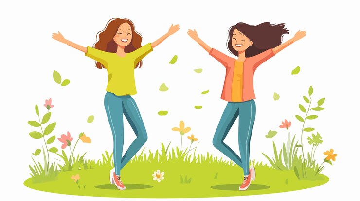 Vector mujeres jóvenes alegres disfrutando al aire libre en el parque