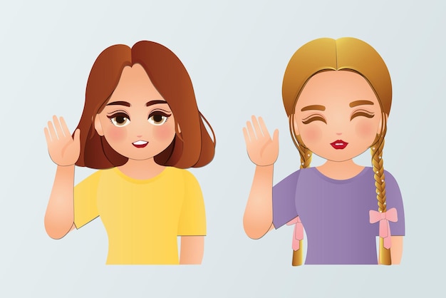 Mujeres jóvenes alegres saludando con la mano y diciendo hola o adiós