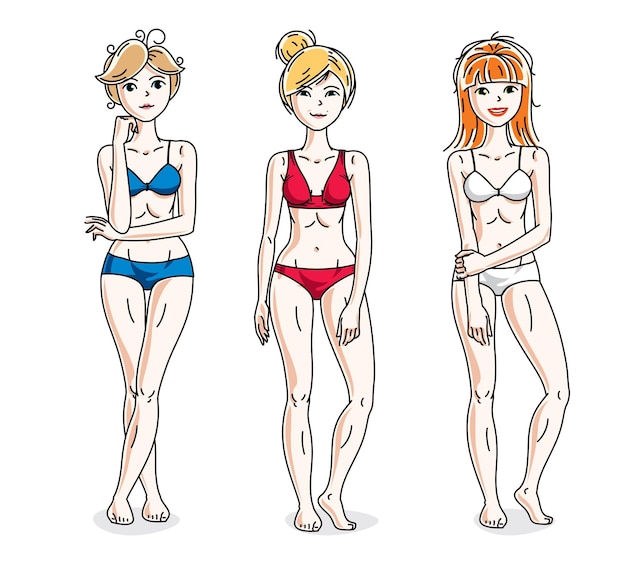 Mujeres jóvenes atractivas felices de pie en bikini colorido. Conjunto de ilustraciones de personas vectoriales. Mujer delgada con cuerpo perfecto.