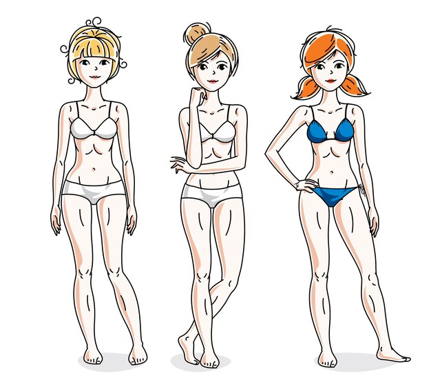 Mujeres jóvenes atractivas felices de pie en bikini colorido. Conjunto de ilustraciones de personas vectoriales. Mujer delgada con cuerpo perfecto.