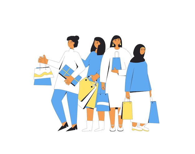 Mujeres jóvenes con bolsas de compras Mujeres de pie juntas con sus nuevas mercancías