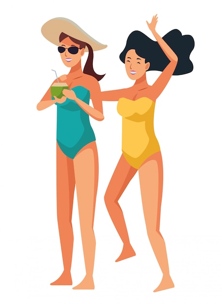 Vector mujeres jóvenes en caricaturas de verano.