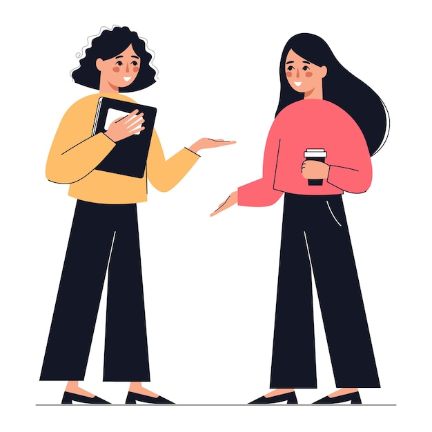 Vector las mujeres jóvenes se comunican. concepto de encuentro, amistad, conversaciones, trabajo en equipo, formación.