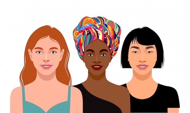 Vector mujeres jóvenes con diferentes colores de piel.