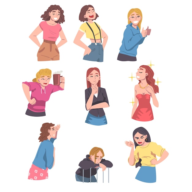 Mujeres jóvenes diferentes emociones establecidas felices preocupadas enojadas deprimidas niñas emociones humanas concepto de dibujos animados ilustración vectorial