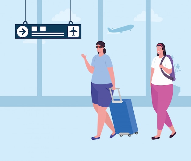 Mujeres jóvenes con equipaje en la terminal del aeropuerto, pasajeros femeninos en la terminal del aeropuerto con diseño de ilustración de vector de equipaje