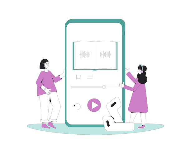 Mujeres jóvenes escuchando audiolibro dos chicas bonitas y un teléfono enorme con aplicaciones educativas