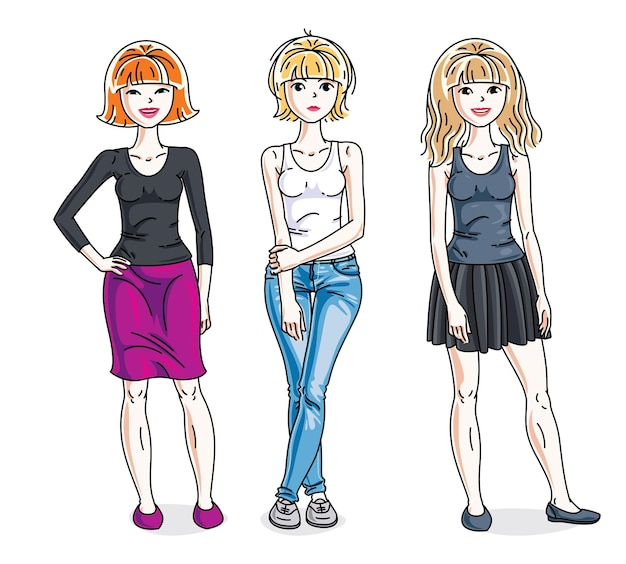 Mujeres jóvenes felices posando con ropa informal con estilo. Conjunto de ilustraciones de personas vectoriales.