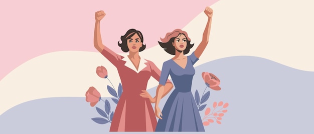 Mujeres jóvenes con flores de amapola y manos levantadas en protesta Tarjeta postal para el día de la igualdad de la mujer