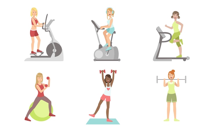 Vector mujeres jóvenes haciendo ejercicios de acondicionamiento físico en el gimnasio niñas entrenando con cinta de correr ejercicio de bicicleta mancuernas e ilustración vectorial de barra