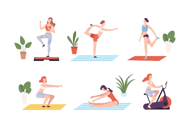 Mujeres jóvenes haciendo juegos deportivos Mujeres atléticas haciendo actividades de fitness Ilustración vectorial plana