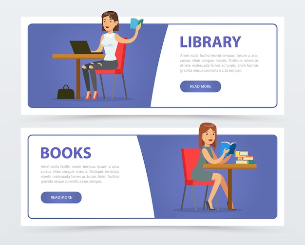 Mujeres jóvenes leyendo libros y trabajando con computadora portátil en pancartas de biblioteca establecen un elemento de ilustración de vector plano horizontal para sitio web o aplicación móvil con texto de muestra
