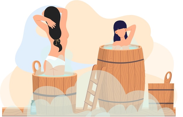 Mujeres jóvenes de pie en bañeras Diseño de interiores de baños o banya Chicas sexy en barriles están descansando en la sauna Personajes femeninos en vapor caliente están limpiando la piel y el cuerpo juntos Ilustración vectorial