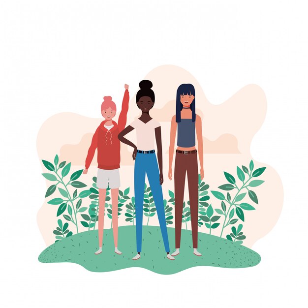 Vector mujeres jóvenes de pie con paisaje