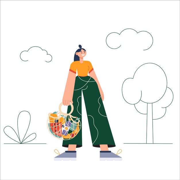 Mujeres jóvenes que llevan bolsas eco naturales con compras. Cuidando el medio ambiente, Cero desperdicio, vegetarianismo ,. compras de comestibles ecológicas, canasta de compras amigable reutilizable con verduras y frutas