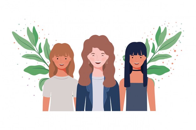 Mujeres jóvenes con ramas y hojas.
