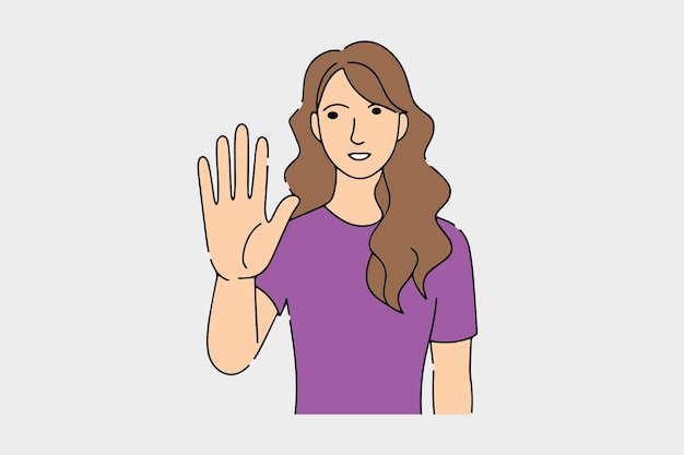Mujeres jóvenes serias de pie con la mano extendida mostrando el gesto de parada ilustración vectorial plana