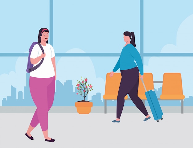 Mujeres jóvenes en la terminal del aeropuerto, pasajeros en la terminal del aeropuerto con equipaje, diseño de ilustraciones vectoriales