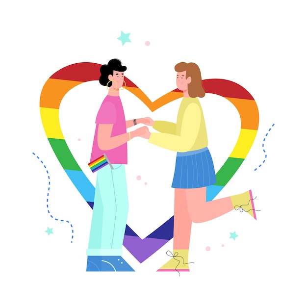 Las mujeres lesbianas jóvenes se dan la mano junto a un corazón de arco iris una ilustración vectorial