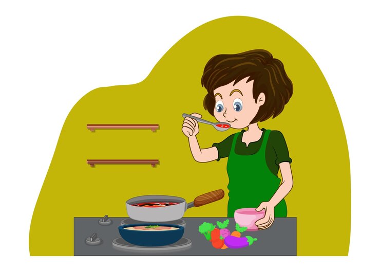 Vector mujeres libres del vector que cocinan la comida y que comprueban el sabor de la comida de la cuchara