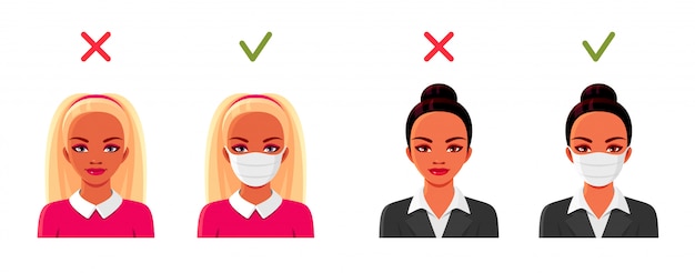 Mujeres con máscaras médicas. Conjunto de avatares femeninos. Ilustración de coronavirus.