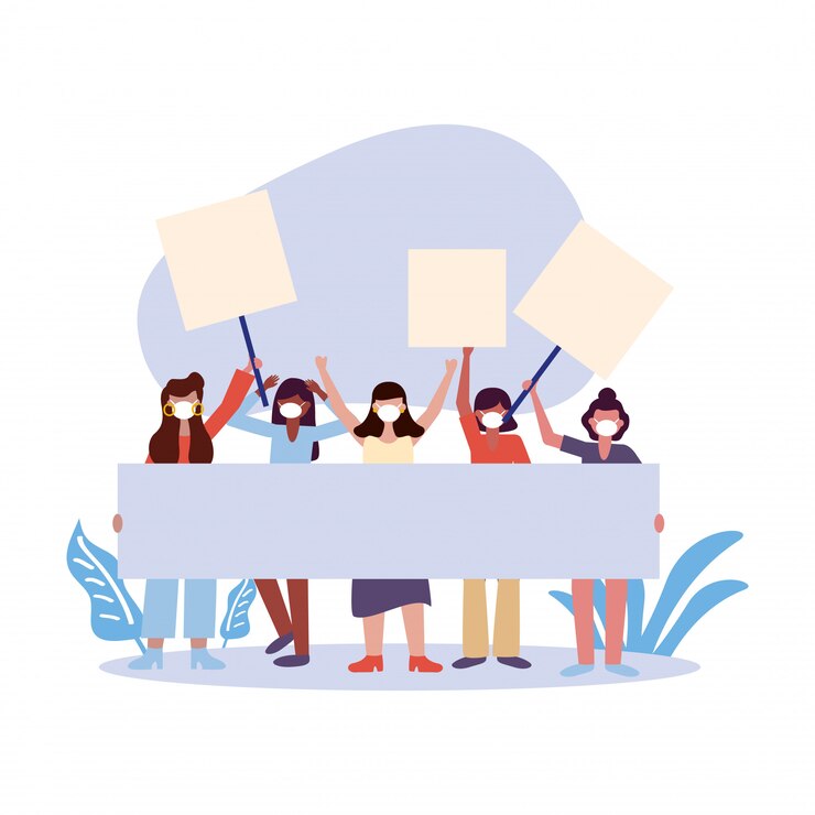 Vector mujeres con máscaras médicas y pancartas
