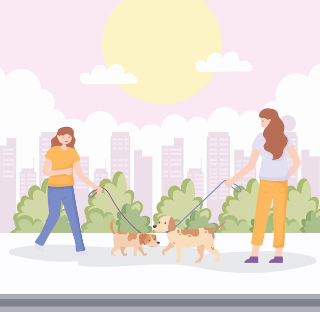 Mujeres con mascotas en la calle
