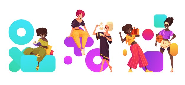 Mujeres de moda dibujadas a mano en mini composición de dibujos animados planos