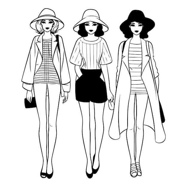 Vector mujeres de moda en estilo sketch chicas de moda