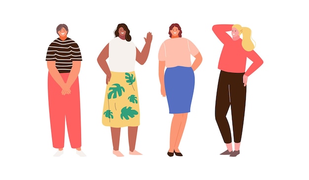 Mujeres modernas con ropa informal. Amistad y apoyo femenino, feminismo, carácter vectorial de hermandad