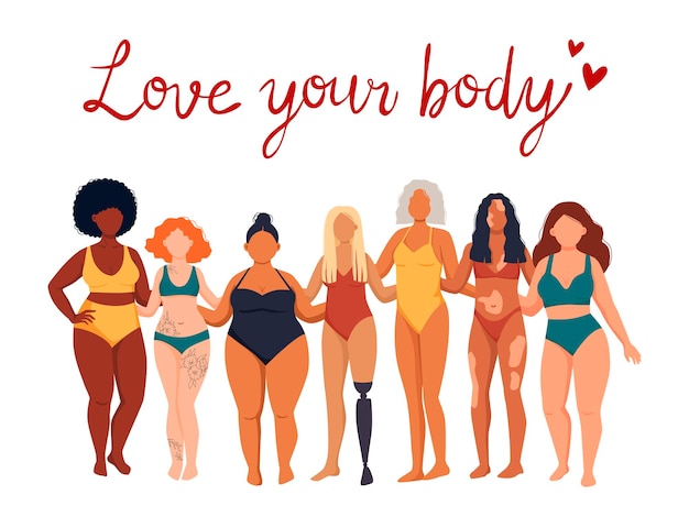 Mujeres multirraciales de diferente altura y tipo de figura en trajes de baño de pie en fila Personajes femeninos de dibujos animados Movimiento corporal positivo y diversidad de belleza