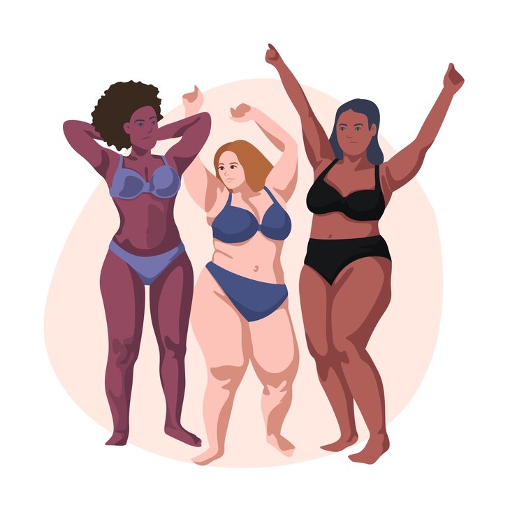 Vector mujeres multirraciales de diferentes tipos y tamaños de figuras de altura vestidas con trajes de baño de pie en fila personajes de dibujos animados femeninos movimiento positivo del cuerpo y diversidad de belleza ilustración vectorial