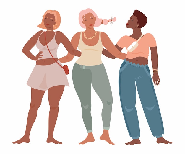 Vector mujeres multirraciales vestidas con jeans y sujetadores mejores amigas chicas personajes aislados sonrientes femeninos