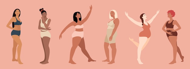 Mujeres multirraciales vestidas con lencería personajes aislados chica feliz cuerpo positivo ama tu cuerpo