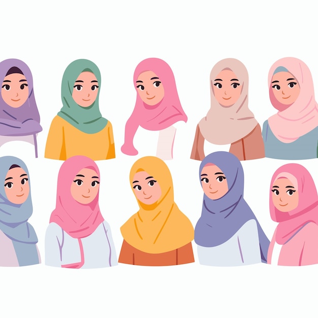 Mujeres musulmanas jóvenes con hijab en varios estilos ilustraciones vectoriales sobre fondo blanco