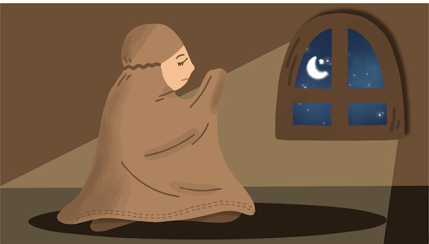 Mujeres musulmanas lindas dibujadas a mano rezando y salat ilustración vectorial