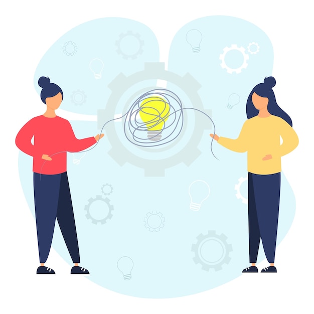 Las mujeres de negocios están tratando de encontrar una solución a un problema Buscando una idea para desentrañar la maraña de pensamientos Conversación de discusión o lluvia de ideas para una idea