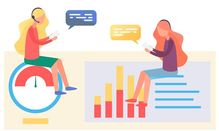 Vector mujeres de negocios hablando discutiendo en la sala de reuniones con gráficos y gráficos de fondo de estadísticas dos niñas con hojas de papel en sus manos se sientan y se comunican analizan indicadores
