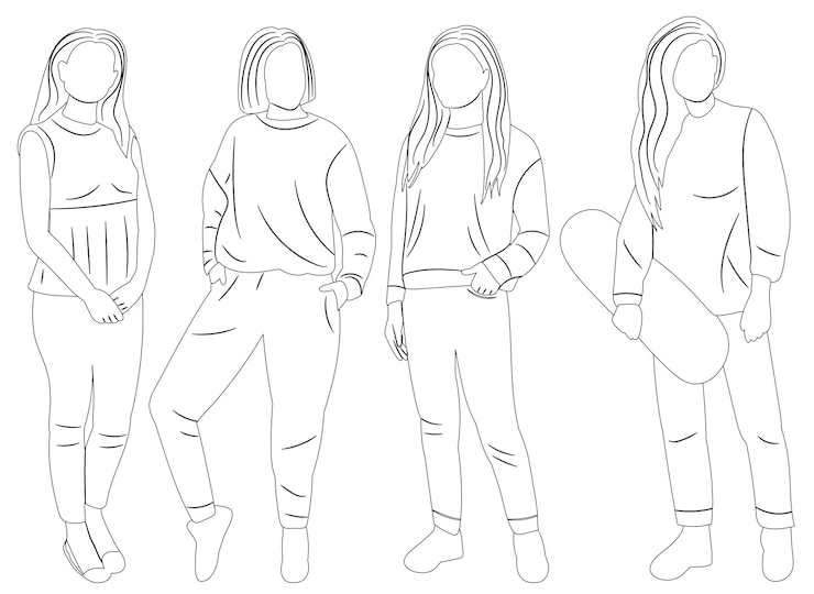 Vector mujeres niñas establecer esquema de boceto aislado en vector de fondo blanco