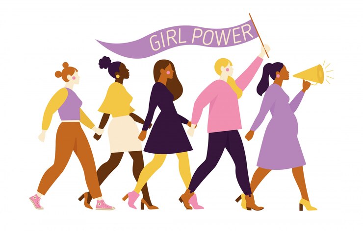 Vector mujeres o niñas felices de pie juntos y tomados de la mano. grupo de amigas, unión de feministas, hermandad. personajes de dibujos animados plana ilustración aislada.
